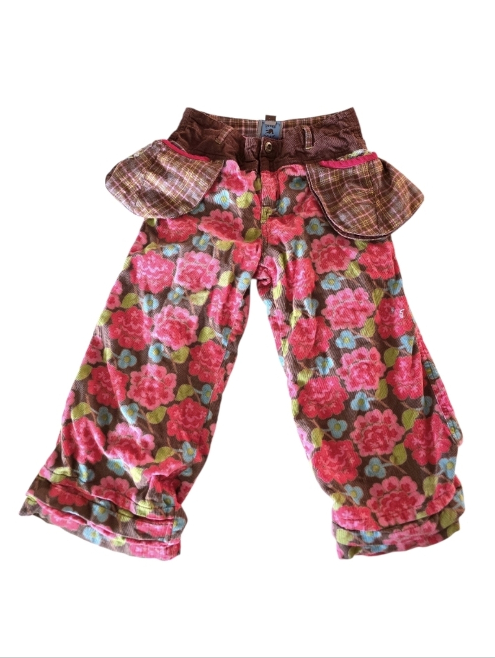 Room Seven 6X Girls Floral Ruffle Hem Corduroy Pants - Pink & Brown Boho Kids